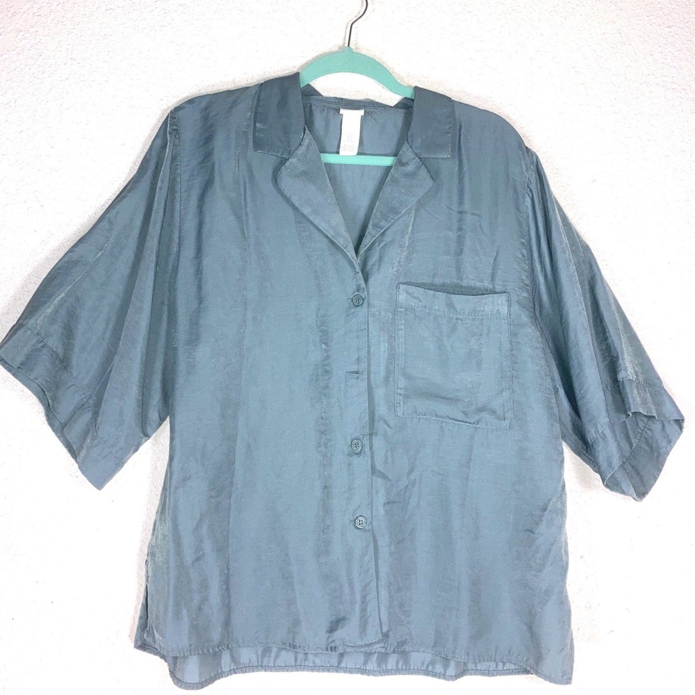 HM Lyocell‎ Blend Short Sleeve Button Up Shirt Dusty Blue Green Large